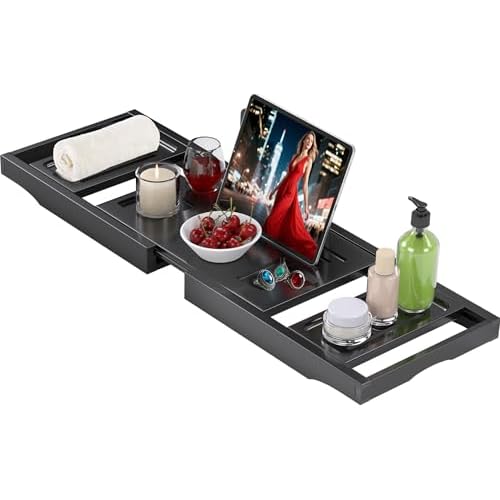 Bathtub Tray Caddy,Premium Bamboo Expandable Bath Tub Trays Table, Foldable Bathroom Accessories,Great House Warming, Anniversary and Birthday Gifts,Black