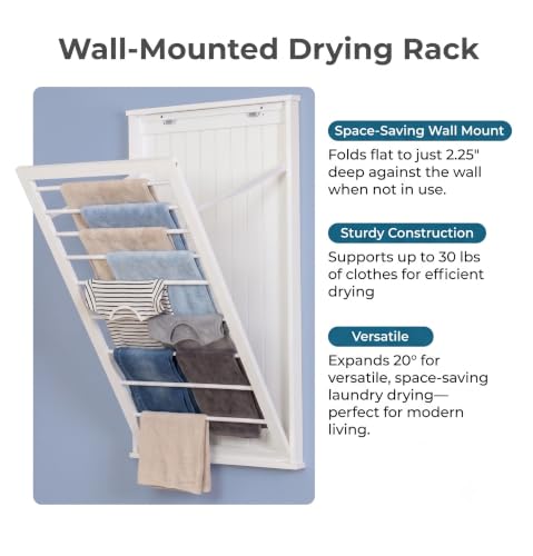 Wall-Mount Wooden Clothes Drying Rack 30 lb Capacity White Space-Saving