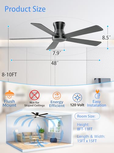 Matte Black 48-Inch Ceiling Fan No Light - Low Profile Flush Mount, 6-Speed Reversible Outdoor Fan with Remote & App Control