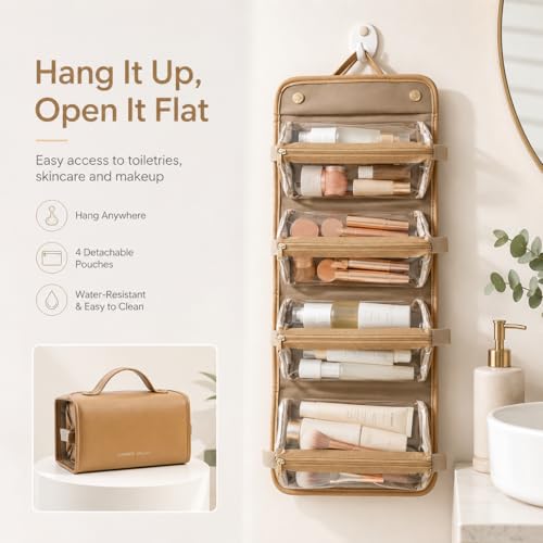 YDR Roll Up Makeup Bag for Women - 4 Detachable Clear Pouches, Hanging Travel Organizer - Brown