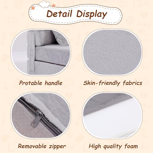 Kids Foldable Sofa Bed with Pillow - Plush Grey, Washable Floor Couch for Children