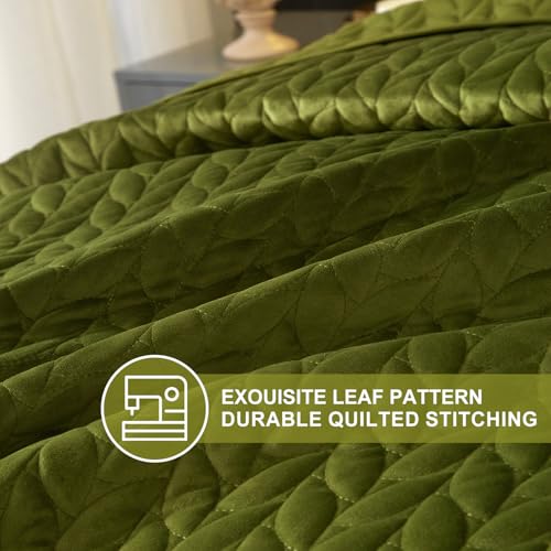 King Size Velvet Quilt Set with Embroidered Leaf Design - Green Reversible Bedspread, 3 Pieces