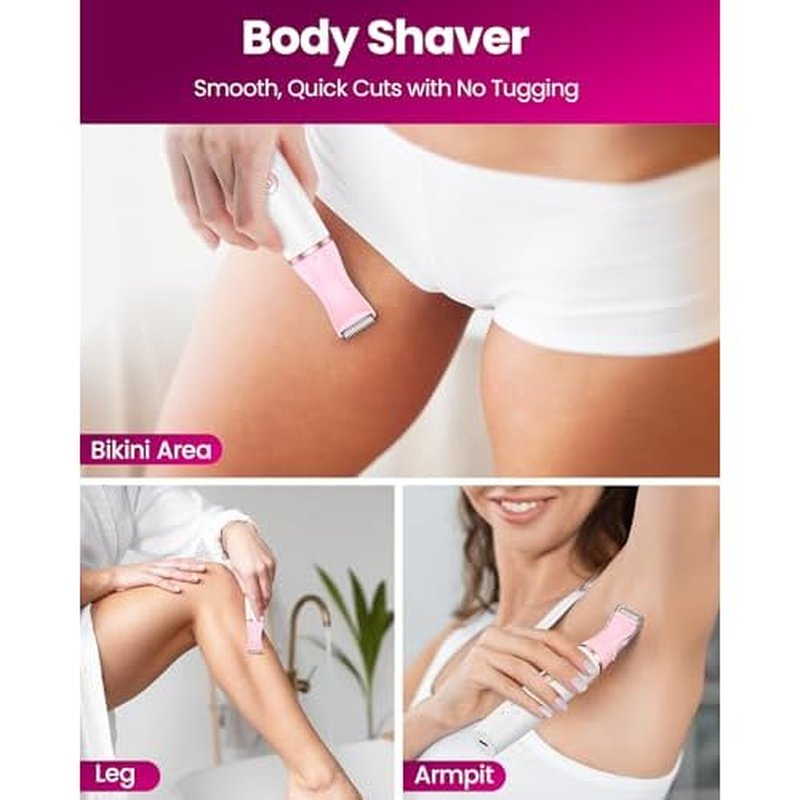 Bikini Trimmer Women & Body Shaver - 4-in-1 Painless Pubic Hair Remover for Sensitive Skin, Rechargeable & IPX7 Waterproof for Wet & Dry Use, for Face/Eyebrows/Nose/Underarms/Legs