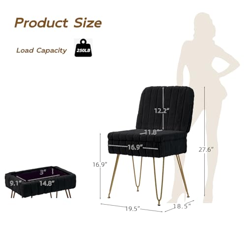 Black Vanity Chair with Storage & Foldable Back - Comfy Ottoman