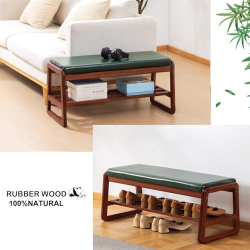 Solid Wood Shoe Bench with Cushion - Green, 31.5 Inch Entryway Organizer