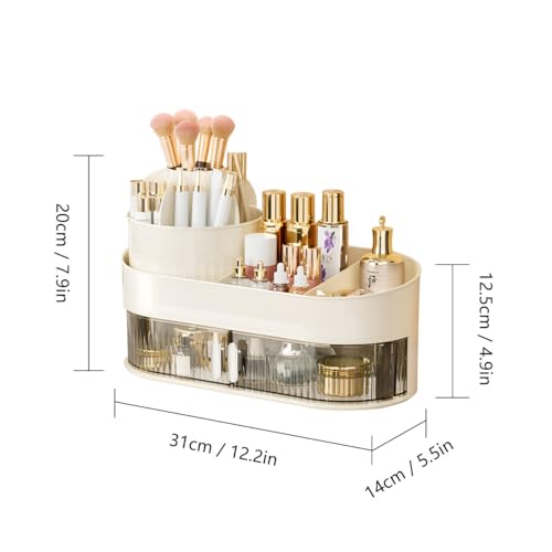 Rotating Makeup Brush Holder organizer with Drawer White Makeup Organizers Countertop Large Makeup Organization Skincare Storage for Vanity Desktop Bathroom