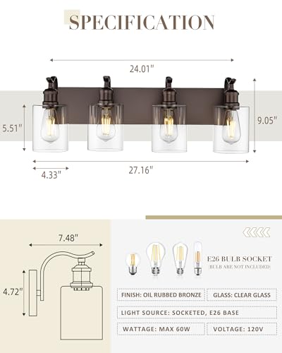 Oil Rubbed Bronze 4-Light Bathroom Vanity Light with Clear Glass Shades - 27 Inch