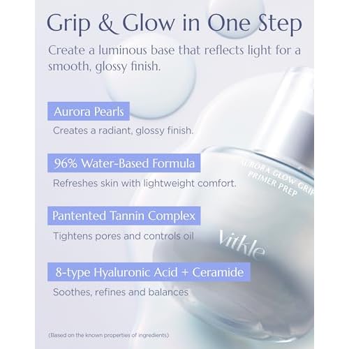 Aurora Glow Grip Primer Prep - Korean Illuminating Makeup Base for Radiant Skin - 8-Layer Hyaluronic Acid and Ceramides - Pore Minimizing, Sebum Control, Long Lasting Makeup, 1.01 fl.oz.