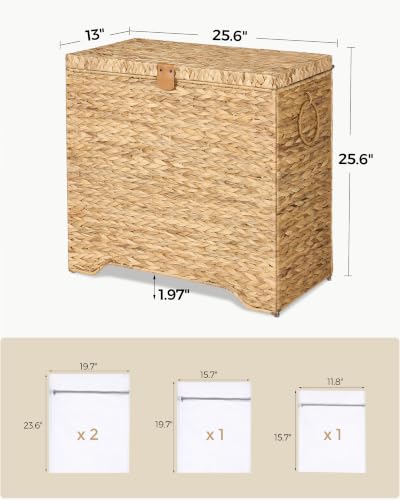Water Hyacinth Laundry Hamper - 130L 3-Section Woven Storage Basket with Lid - Natural