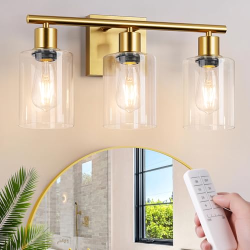 Brightever Gold Battery Operated 3-Light Dimmable Wireless Vanity Wall Sconce with Remote