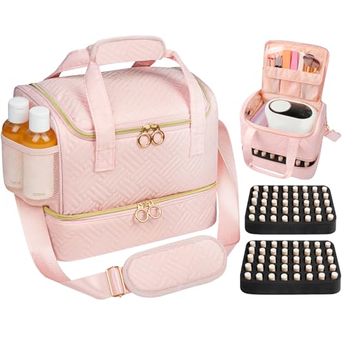 Nail Polish Organizer Bag Holds 80 Bottles (15ml/0.5fl.oz)& Nail Lamp, Soft Velvet Nail Kit Storage Carrying Case with Shoulder Strap, Double Layer Nail Supplies Organizer Handbag Women (Pink)