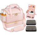 Nail Polish Organizer Bag Holds 80 Bottles (15ml/0.5fl.oz)& Nail Lamp, Soft Velvet Nail Kit Storage Carrying Case with Shoulder Strap, Double Layer Nail Supplies Organizer Handbag Women (Pink)