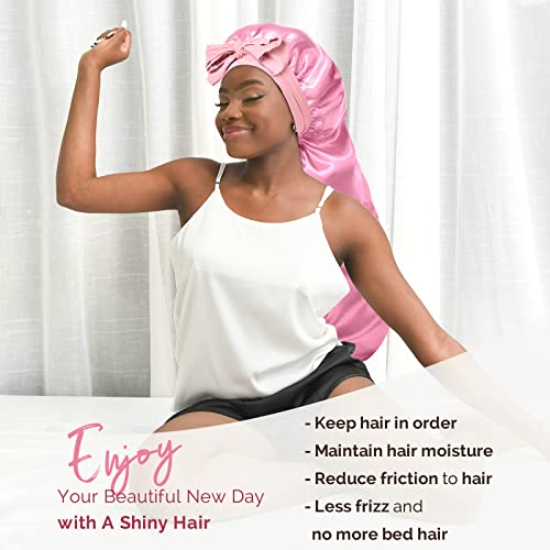 YANIBEST Large Black & Pink Silk Feeling Sleep Bonnet for Long Hair & Braids
