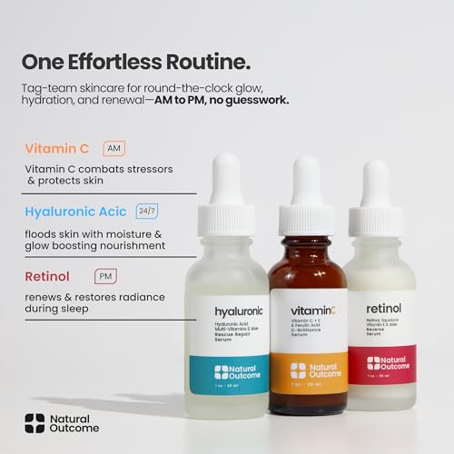 Natural Outcome Hyaluronic Acid, Vitamin C & Retinol Serum Set – Day & Night Anti-Aging (1 oz each), Vegan & Fragrance Free