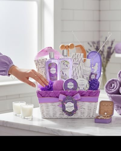 Lavender & Jasmine Spa Gift Basket for Women - 19 Pcs Skin Care & Relaxation Set - Holiday & Birthday Gift