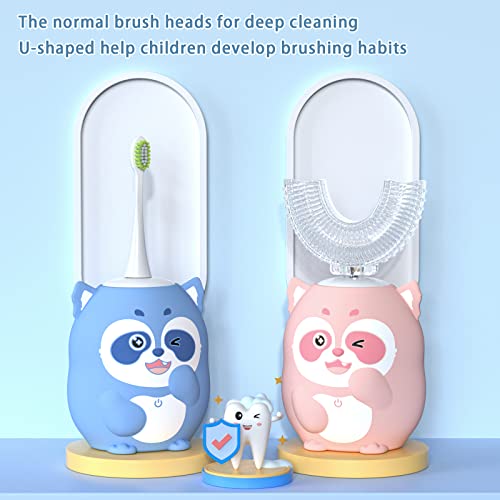 Kids Electric U-Shaped Sonic Toothbrush - Blue Raccoon, 59S Timer, Age 8-15