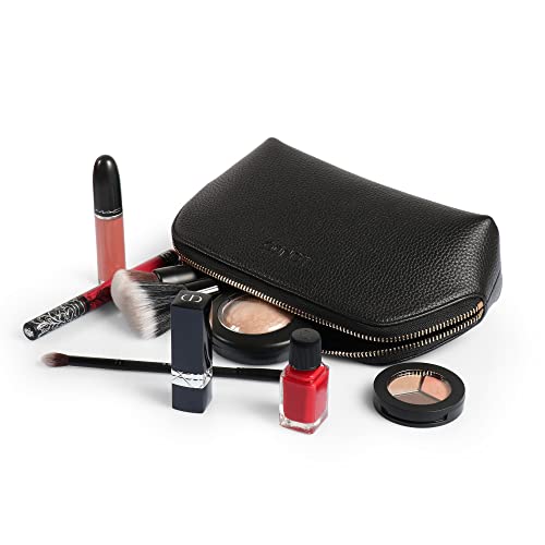 Leather Makeup Bag for Women - Travel Cosmetic Pouch, Clutch, Black