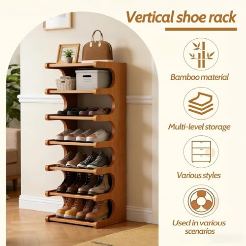 Brown 39-Inch Bamboo Shoe Rack - Vertical Narrow Shoe Organizer for Small Spaces