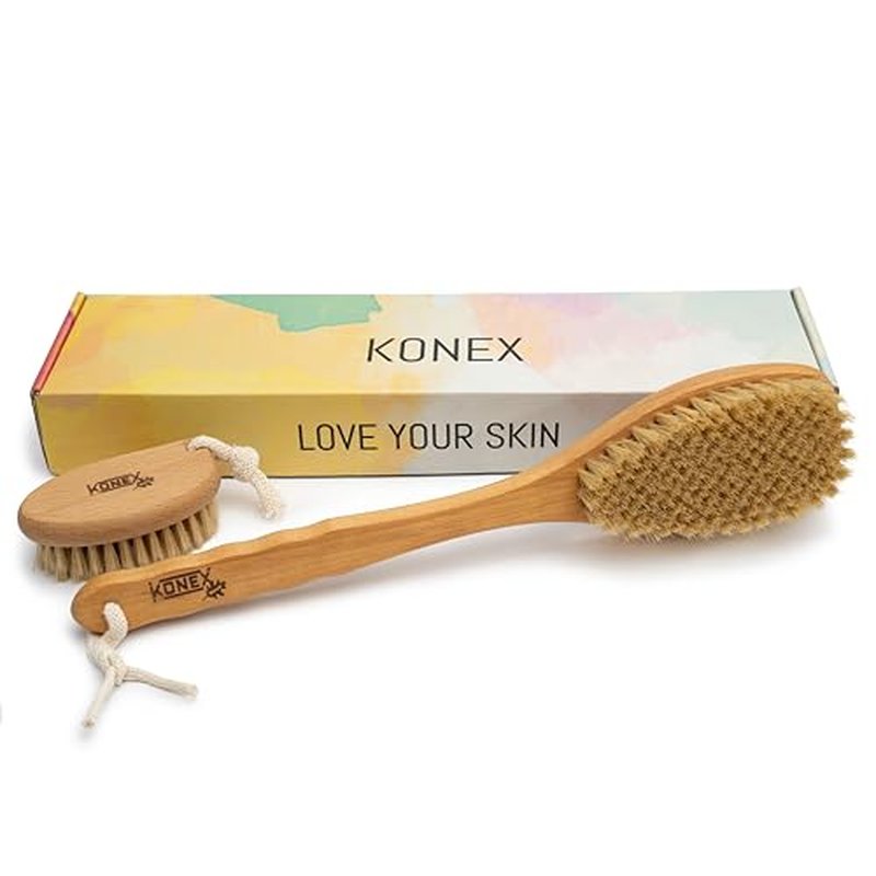 KONEX Bath Brush Set, Exfoliating Shower Scrubber, Dry Brushing Body Brush Set, Pore Opening, Beechwood Handle with Natural Bristle Large 15" Plus Small Face Brush