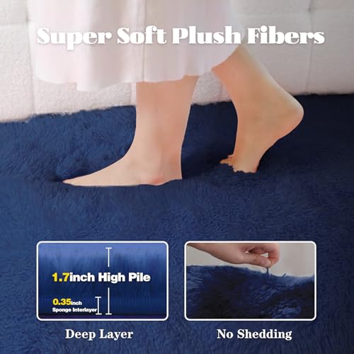 VECARF Navy Blue 8'x10' Shag Area Rug - Soft Washable Fuzzy Indoor Carpet for Living Room & Bedroom