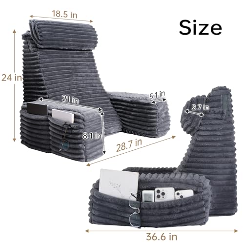 XXL Bed Sitting Pillow with Armrests & Large Pockets - Dark Grey