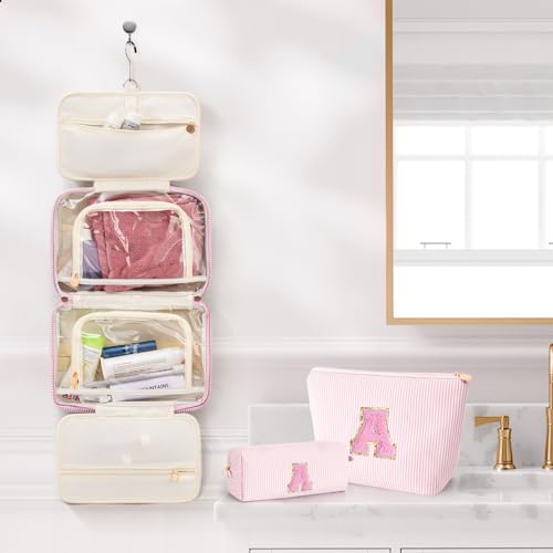 Fystdtote Personalized Initial Makeup Bag Set, Pink Travel Toiletry Bags for Teens 8-16