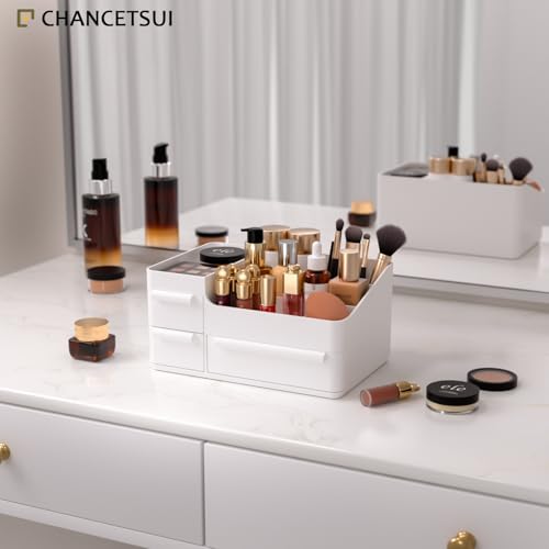 CHANCETSUI Makeup Organizer With Drawers, Makeup Desk Organizer, Bathroom Countertop Organizer for Cosmetics, Vanity Holder for Lipstick, Makeup Brush Holder/Organizer (White)