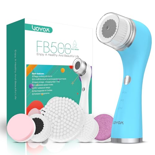 VOYOR Facial Cleansing Brush Rechargeable, Spin Face Brush Waterproof 5-in-1 Body Brush Set for Deep Skin Cleansing, Gentle Exfoliating and Massaging FB500 (Blue)