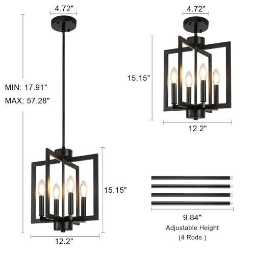 4-Light Black Adjustable Dining Room Chandelier - Modern Industrial Pendant Light Fixture with Height Adjustment