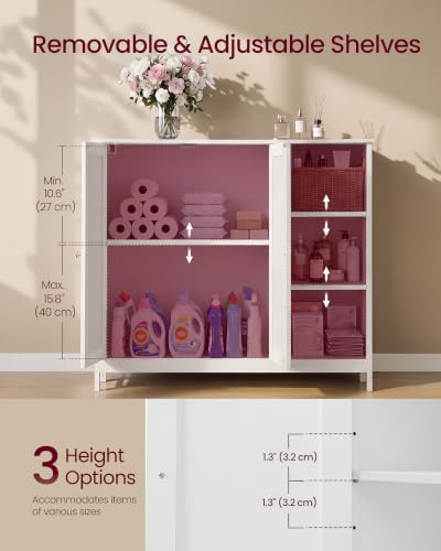 VASAGLE Bathroom Floor Cabinet with Adjustable Shelves - Cloud White, 2 Doors + 3 Open Shelves