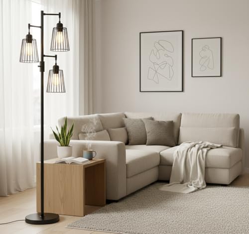 PESRAE Matte Black Dimmable Industrial Floor Lamp with Teardrop Cage Heads & 3 LED Bulbs