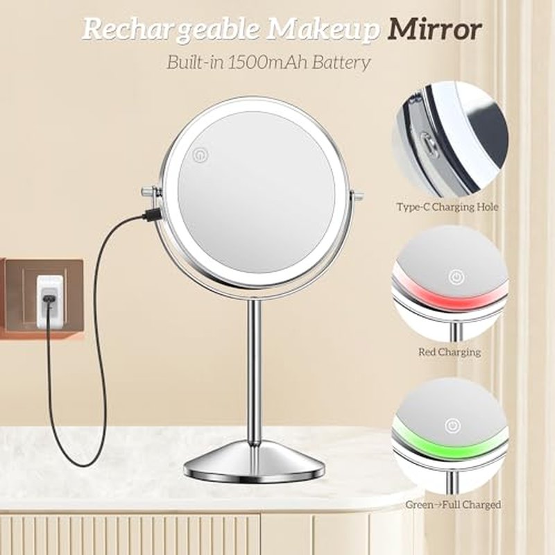 10X Lighted Makeup Mirror with Magnification 8" Stand Up Double Sided Magnifying Mirror with Lights 3 Color Brightness Adjustable Table Light up Mirror 360¡ÆSwivel Rechargable Light up Mirror