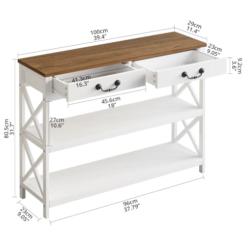 IRONCK 39.4-Inch Farmhouse Console Table with Storage - White & Walnut Variation 39.4inch