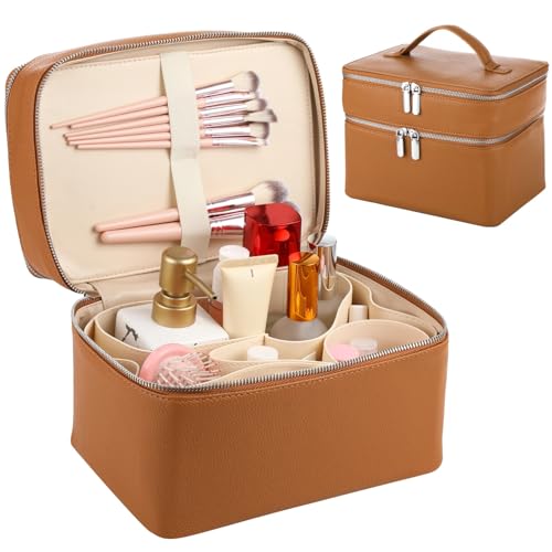 OMISTAR Brown Large Capacity Makeup Vanity Bag with Removable Liner Waterproof PU Leather