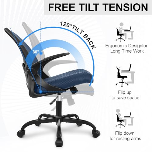 Primy Navy Ergonomic Office Chair with Flip Armrests, Adjustable Lumbar & Height
