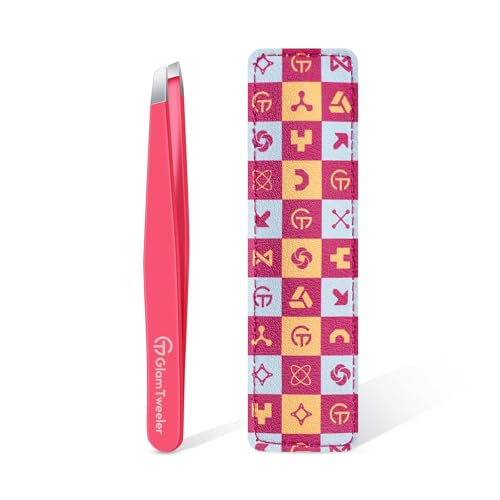 Expert Eyebrow Hair Removal Tweezer with Leather Case, GlamTweeler High Precision Slant Tip Stainless Steel Tweezers for Men and Women (Hot Pink)