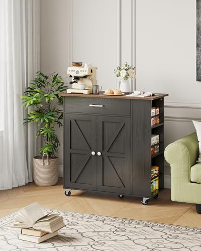 Kitchen Island Cart with Storage and Charging Station - Black and Walnut
