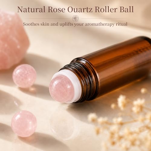 Rose Quartz Roller Bottle 50ml - Refillable Amber Glass Roll-On with Gold Cap (Pink+Purple)