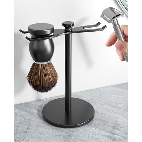 pickpiff Safety Razor Stand With Brush Holder, Black Heavy Duty Metal Shaving Holder for Men, Extra Wide Openings, Fits Most Brushes and All Kinds Of Razors