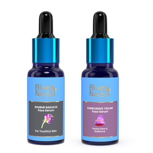 Blue Nectar Kumkumadi Tailam Face Oil for Glowing Skin (0.33 Fl Oz, 26 herbs) along with Bakuchiol Anti Aging Serum for Fine Lines, (1 Fl Oz)