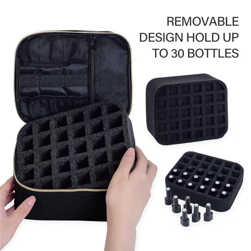 Nail Polish Organizer, Handheld Double Layer Nail Polish Storage with Adjustable Dividers, Holds 30 Bottles (15ml/0.5 fl.oz) for Nail Polish Lamp Manicure Tools and Essential Oil, Black