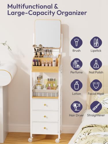 White Makeup Organizer Cart with Mirror and Storage Drawers - Rotating Vanity Trolley