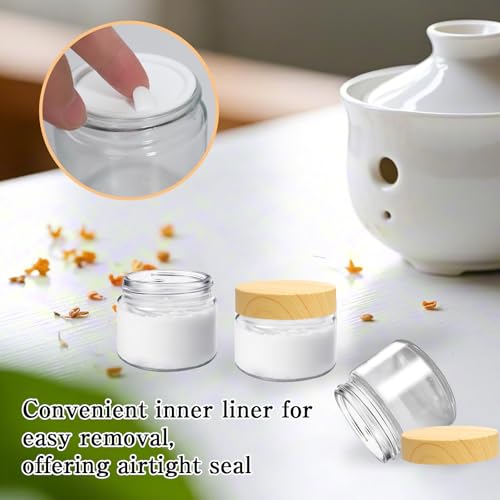 25 Pcs Glass Jars with Plastic Woodgrain Lids and Inner Liners 2 oz Clear Cosmetic Containers Empty Round Small Containers for Making Creams Lotions Powder Ointments Candle