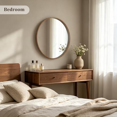Round Wood Mirror 28 Inch Wall Decor Rustic Farmhouse Walnut Frame