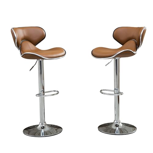 Roundhill Furniture Masaccio Caramel Faux Leather Upholstered Swivel Barstool Set of 2 with Chrome Base