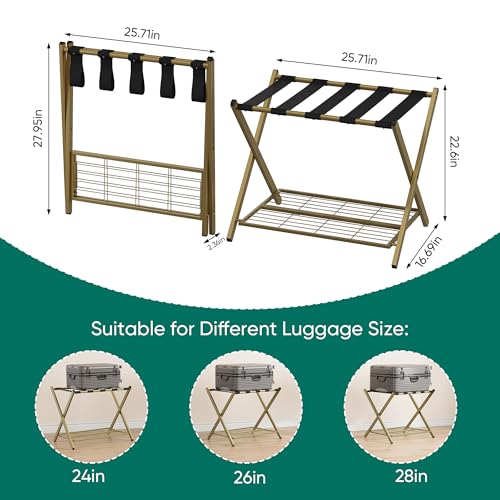 Smuxee Gold 2-Piece Fully Assembled Foldable Luggage Rack Set with 5 Nylon Straps