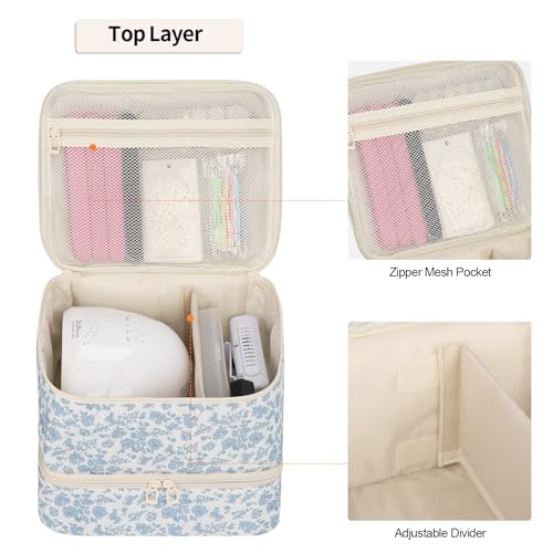 Ethereal Blue Flower Nail Polish Organizer Bag Holds 30+ Bottles & UV Nail Lamp