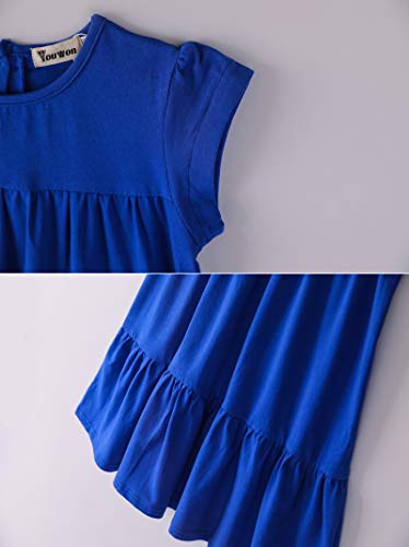 Girls Short Sleeve Solid Color Tiered Swing Dress - Blue, 8 Years