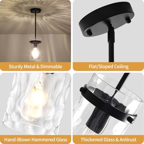 2-Pack Black Hammered Glass Pendant Lights for Kitchen Island - Modern Adjustable Hanging Lamp by ZSMIHDOH