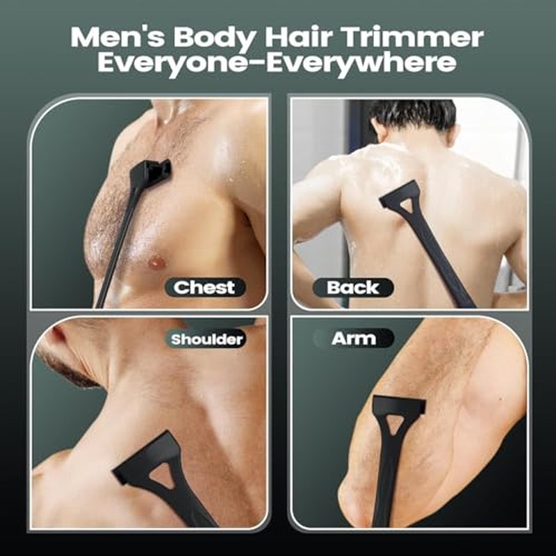 Back Shavers for Men with Foldable Long Ergonomic Handle: DIY Hair Shaver, Replaceable Safety Blade & Portable Razor Groomer for Men, Wet & Dry Shaving,Black (8PCS Blades Included)